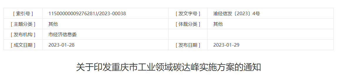 重庆市工业领域碳达峰实施方案